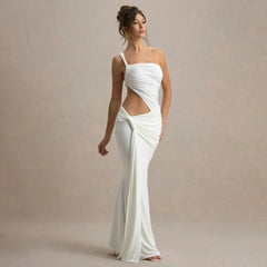 One Shoulder Hollow Sleeveless Casual Ruffled Prom Dress