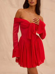 Red Strapless Flare Pleated Bodycon Dress