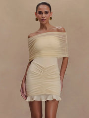 Mesh Strapless Ruffled Mini Bodycon Dress