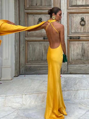 Satin Ribbon Halter Backless Maxi Dress