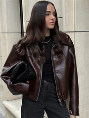 PU Patchwork Slim Zipper Coat