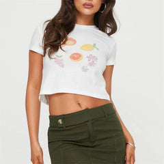 Fruit Print Round Neck Crop T-shirt