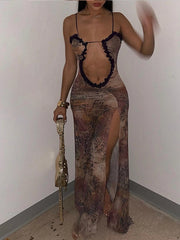 Sheer Mesh Lace-Up Cardigan Maxi Dress