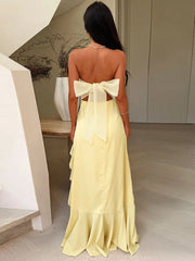 Ruffled Strapless Split Midi Dress