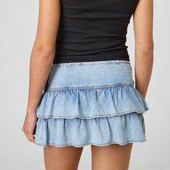 Side Zipper Ruffle Denim Mini Skirt