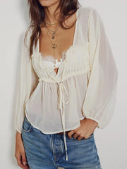 Women Ruffle Lace Chiffon Tie Chiffon Blouse