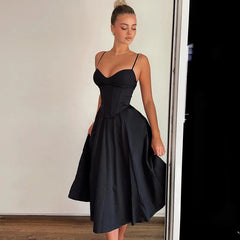 Solid Corset Long Suspender Black Prom Dress