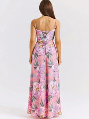 V-neck Back Strap A-line Floral Dress