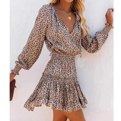 Leopard Print Cotton V Neck Autumn Boho Dress