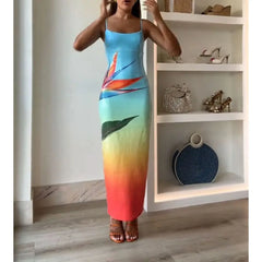 Sequined Leaves Slit Contrast Vacation Dress