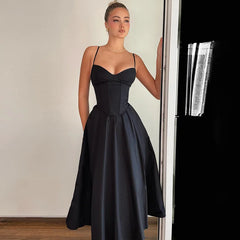 Solid Corset Long Suspender Black Prom Dress