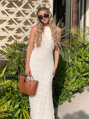 Backless Ruched Halter Ruffle Maxi Dress