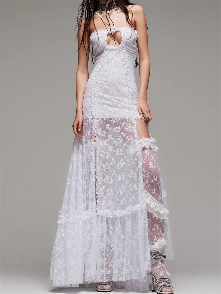2024 Lace Floral Halter Tie-up Off Shoulder  for Women Mesh See Through High Split Hollow Out Vestido