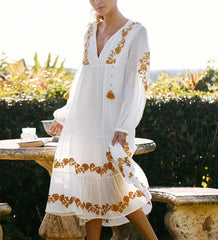Deep V Neck Long Sleeve Embroidery Boho Dress