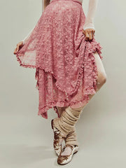 Lace Elastic Irregular Midi Skirt