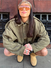 Green Suede Zipper Bomber Coat