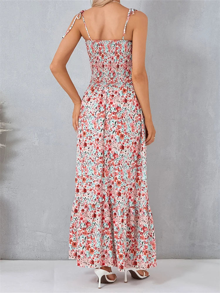 2024 Vintage Women Sleeveless Tie-up Spaghetti Strap Floral Print Summer  Party Beach Female Vestidos