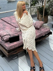 Hollow Out Lace Embroidery V Neck Long Sleeve Boho Dress