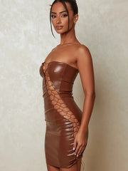 PU Leather Strapless Sleeveless Bodycon Dress