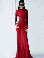 See Through Backless Long Sleeve Party Dress