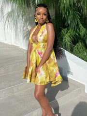 Tie-Dye Ruffle Hem Mini Floral Dress