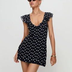 Polka Dot V Neck Slim A Line Mini Dress