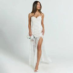 Lace High Slit Sling Plunge See Through Prom Dress