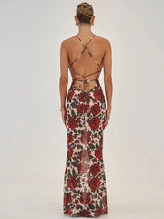 Backless Deep V Neck Lace Up Printed Vacation Dress
