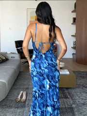 Blue Print Halter Lace-up Vacation Dress