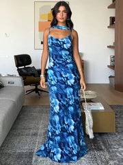 Blue Print Halter Lace-up Vacation Dress