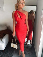 One Shoulder Ruched Bodycon Midi Dress