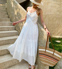 Sleeveless Backless White Cotton Boho Dress