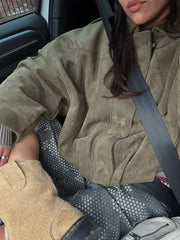 Green Suede Zipper Bomber Coat