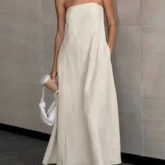 Strapless Khaki Cotton Holiday Midi Dress