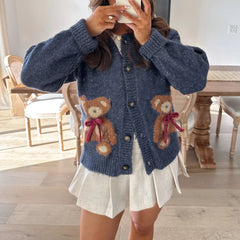 Bear Print Round Neck Button Knit Cardigan