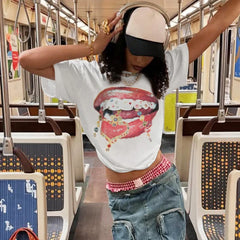 Lip Print Contrast Casual Street T-shirt