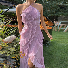 Pleated Halter Lotus Floral Dress