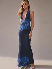 Deep V Neck Blue Halter Backless Vacation Dress