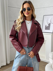 PU Lapel Zipper Motorcycle Coat