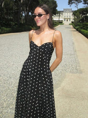 Pleated Wave Point Sling Maxi Dress