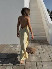 Yellow Satin Backless Sling Midi Dress