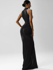 Pleated Halter Slit Slim Party Dress
