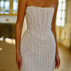 Pearl Beading Strapless Mini Vacation Dress