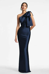 Elegant Long Dark Navy Bow Mermaid Prom Dress