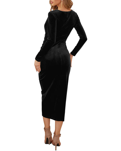 Amy Fashion - Autumn Velvet Bodycon Black Midi Dress