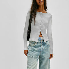 Ribbed O-neck Button Cropped Knit Cardigan