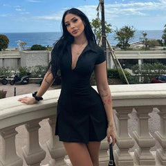 Turn Down Collar Short Sleeve Mini Dress