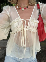 Beige Translucent Lace-Up Blouse
