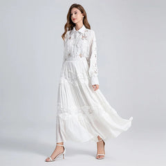 White Lace Maxi Skirt Blouse Set Casual Boho Dress