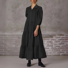 Casual Lapel Puff Sleeve Tiered Maxi Boho Dress